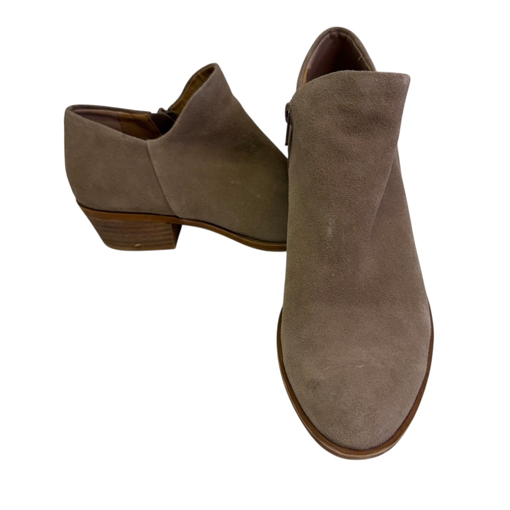 Lucky Brand  Brett Suede Ankle Booties Taupe Side‎ Zip Low Heel Women